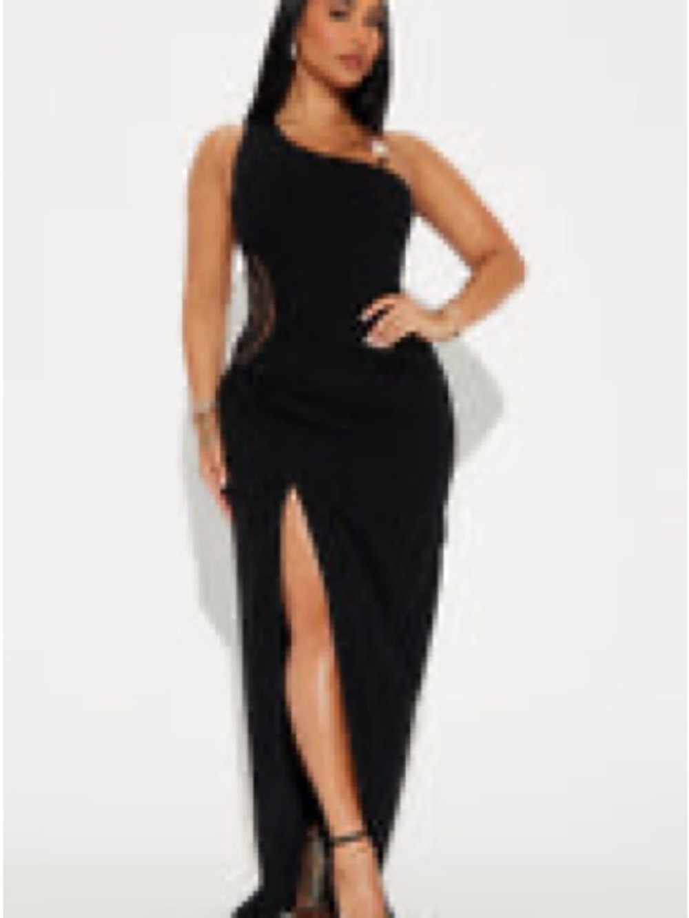 Fashion Nova Black One-Shoulder Gown with High Thigh Slit